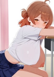 1girls annrichan big_breasts blush breasts classroom female gakuen_idolmaster hanami_ume idolmaster large_breasts looking_at_viewer nipples