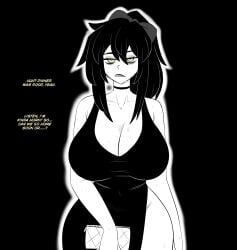 1girls big_breasts black_background black_dress black_hair blush breasts cleavage clothing dress english english_text female female_only green_eyes hair hair_ribbon holding_object huge_breasts long_hair mature mature_female mature_woman milf mother renee_graves sharp_teeth solo solo_female sweat sweatdrop sweaty teeth text the_coffin_of_andy_and_leyley tied_hair truelordpotato wide_hips
