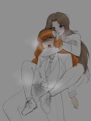 2girls arms_around_neck asphyxiation blue_eyes brown_hair choke_hold chokehold choking cum cum_under_clothes ejaculation ejaculation_under_clothes erection erection_under_clothes erotic_asphyxiation eyes_rolling_back fully_clothed green_eyes handsfree_ejaculation ishmael_(limbus_company) limbus_company long_hair open_mouth orange_hair penis project_moon rodion_(limbus_company) smile smiling smiling_at_partner sweat tie unconscious work_uniform yuri