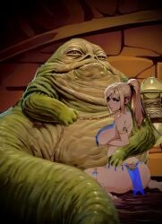 ai_generated arm_around_waist arm_band bare_back bare_midriff bare_shoulders barefoot barely_contained_ass big_ass big_breasts blonde_hair blue_eyes chains collar defeated defeated_heroine embarrassed_female enslaved fat_male from_behind harem_jewelry harem_outfit holding_leash holding_own_breasts humiliated humiliation hutt jabba's_palace jabba_the_hutt kneeling large_ass large_breasts leash leash_and_collar leg_band lips looking_at_viewer looking_back master metroid perfect_body ponytail presenting_breasts revealing_outfit samus_aran slave slave_collar slave_girl slave_outfit slug smug_male star_wars submissive submissive_female submissive_pose submissive_position wariza