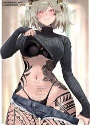 1girl ai_generated anime_style ass_focus bbc bbc_addict black_bra black_panties black_top blacked blacked_queen blacked_wrld blonde_hair blush body_writing breeding breeding_cow burnice_white curvy dark-skinned_male denim_shorts dramatic_lighting explicit heavy_makeup highres huge_ass huge_breasts indoors interracial large_breasts light-skinned_female light_hair mind_break pigtails queen_of_spades red_eyes smile solo_focus spade_tattoo submissive_female tattoo tattooed_female text thick_bbc thick_thighs twintails voluptuous wide_hips zenless_zone_zero