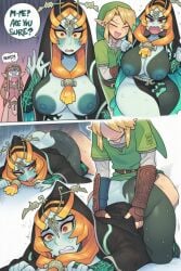 1boy 2girls ai_assisted anal anal_sex annoyed blue_skin breasts comic curvy curvy_figure doggy_style ex-ragnarokknight large_breasts link midna orange_hair princess_zelda sex surprised surprised_expression twili_midna twilight_princess zelda_(twilight_princess)