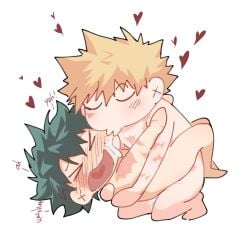 >_< anal bakugou_katsuki blonde_hair blush boku_no_hero_academia bones_(company) chibi closed_eyes completely_nude cum embarrassed freckles green_hair heart hug kiss leg_lock legs_up licking lying midoriya_izuku nude round saliva scar sex shounen_jump white_background yaoi