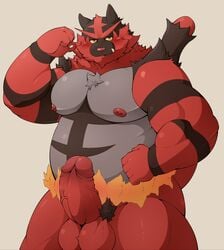 2020 anthro balls belly blush erection felid feline genitals hi_res humanoid_hands incineroar kemono male male_only mammal moobs nintendo nipples overweight overweight_anthro overweight_male penis pokémon_(species) pokemon pomupomu490 red_body solo video_games