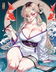 1girl 1girls ai_generated balecxi bare_shoulders blonde_hair blush braid breasts calligraphy_brush cleavage clothing collarbone curvaceous curvaceous_female curvaceous_figure curvy curvy_figure earrings female female_focus fish hair_between_eyes hair_ornament holding holding_brush holding_paintbrush holding_scroll inviting inviting_to_sex japanese_clothes jewelry kimono large_breasts lips long_hair long_sleeves lynae_(wuthering_waves) mole mole_on_breast mole_under_eye multicolored_hair obi off_shoulder paintbrush presenting presenting_breasts presenting_self purple_eyes robe sash scroll seductive seductive_look seductive_smile sitting smile solo tassel thighs traditional_clothes very_long_hair voluptuous voluptuous_female wafuku water waves white_kimono wide_sleeves wuthering_waves