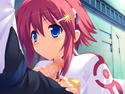 1boy 1girl blue_eyes blush bow bowtie breasts capelet censored game_asset grabbing_another's_penis hair_ornament hetero imminent_fellatio jet_yowatari long_sidelocks mosaic_censoring non-web_source red_hair short_hair sidelocks smile tadashii_kozukuri_wo_shiranu_miraijin_no_rondo uzuki_hinata white_capelet yellow_bow yellow_bowtie
