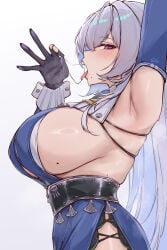1girl absurdres arm_up armpits artist_name belt black_belt blue_dress blush breasts commentary_request cowboy_shot detached_sleeves dress e.c.ho fellatio_gesture from_side grey_hair hair_between_eyes highres large_breasts long_hair looking_at_viewer mole mole_on_breast mole_under_mouth multiple_moles open_mouth presenting_own_armpit purple_eyes saliva saliva_trail side_slit sideboob sideways_glance simple_background solo tongue tongue_out velina_airgid white_background zenless_zone_zero
