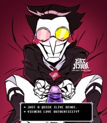 artist_request big_penis condom condom_on_penis condom_wrapper deltarune deltarune_chapter_3 eat_hymn english_dialogue english_text gay imminent_sex male/male sock_garters spamtenna spamton_g_spamton spread_legs tenna_(deltarune) yaoi