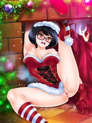 anus black_hair blush booty_calls breasts christmas glasses pussy santa_costume xiu_(booty_calls)