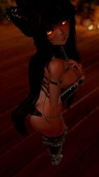 back_piercing back_view bangs big_breasts bikini bikini_bottom bikini_top black_hair boobs boots breasts catgirl chains collar cute demon_horns elf_ears face_markings glowing_eyes harness horny horny_female leash lip_piercing long_hair nose_piercing orange_eyes pose posing red_nails ring rings shy smooth_skin spiked_collar spikes straps submissive submissive_female tan_body tan_skin thigh_boots two-piece_swimsuit vrchat vrchat_avatar waving yellow_eyes