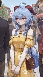 1girl 2girls ahoge ai_generated bag bare_shoulders bell blue_hair blush bracelet breasts collarbone day decurse dress floral_print ganyu_(genshin_impact) genshin_impact goat_horns handbag horns jewelry long_hair multiple_boys multiple_girls necklace off_shoulder outdoors purple_eyes solo_focus yellow_dress