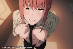 1girl ai ai_art ai_generated black_necktie black_pants blush breasts chainsaw_man clothes_lift clothes_pull collared_shirt female_pubic_hair from_above grin indoors lifted_by_self long_sleeves looking_at_viewer makima_(chainsaw_man) medium_breasts navel necktie nipples no_bra no_panties pants pants_pull parted_lips pubic_hair pulled_by_self pussy red_hair ringed_eyes seductive_smile shirt shirt_lift sidelocks smile solo white_shirt yellow_eyes