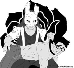 anna_(dead_by_daylight) dbd dead_by_daylight domination dwight_fairfield holding_butt huntress_(dead_by_daylight) masked_female necktie tall_female the_huntress_(dead_by_daylight)