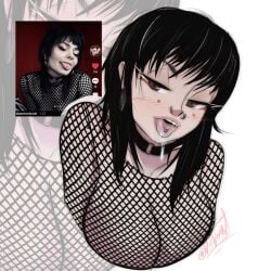 1girl blush cute drool eye_liner fishnets goth large_breasts lips pale-skinned_female reference tounge_out