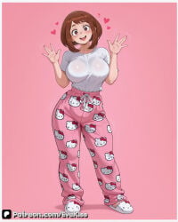1girl 1girls ai_generated bob_cut boku_no_hero_academia breasts breasts, brown_eyes brown_hair camel_toe cameltoe cleavage clothed clothed_female curvy curvy_figure evekiss female female_focus female_only focus fringe fully_clothed hello_kitty hello_kitty_(series) large_breasts my_hero_academia nipples nipples_covered nipples_visible_through_clothing ochaco_uraraka pajamas pants pussy sfw solo solo_female solo_focus teeth thick_thighs thighs tight_clothes tight_clothing tight_fit tights uncensored uraraka_ochako wide_hips