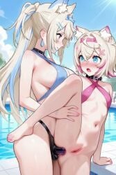 2girls ai_generated anal bottomless fuwamoco fuwawa_abyssgard kissing moaning mococo_abyssgard pool self_upload sling_bikini_top strap-on tagme twins vagina video yuri