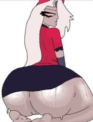 1female 1girl 1girls ass ass_focus back_view butt butt_focus clothed female female_focus female_only glistening glistening_body glistening_butt hazbin_hotel no_panties no_underwear pussy rear_view red_shirt short_skirt simple_background sitting skirt sweat sweaty sweaty_ass sweaty_butt tagme vaggi_(hazbin_hotel) vaggie vaggie_(hazbin_hotel) white_background white_hair