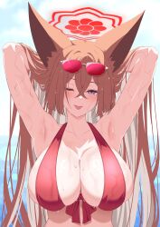 1girls armpits blue_archive glasses hands_behind_head nipple_bulge reia_76 rumi_(blue_archive) solo_female swimsuit