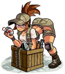 ass brown_hair cap cleavage curvy dat_ass fio_germi glasses grenade huge_ass large_breasts long_hair looking_at_viewer metal_slug military pixel_art ponytail smiling thick_thighs valmar