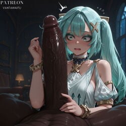 1boy 1girl ai_generated aqua_hair artist_name bangs bare_shoulders blush bracelet breasts clothing dark-skinned_male dark_skin dress erection faruzan_(genshin_impact) female flying_sweatdrops genshin_impact green_eyes hair_ornament hetero huge_penis imminent_fellatio indoors interracial jewelry large_penis long_hair looking_at_penis male muscular muscular_male nude open_mouth penis penis_awe precum shoulder_cutout small_breasts solo_focus surprised sweat twintails upper_body vantawaifu veins veiny_penis very_dark_skin white_dress wide-eyed x_hair_ornament