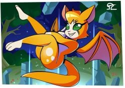 alvh_omega anthro bat bat_girl bat_wings big_ass color dust:_an_elysian_tail female_only fidget fidget_(elysian_tail) forest_background freckles_on_thighs green_eyes hi_res long_tail looking_at_viewer night thick_thighs voluptuous yellow_body