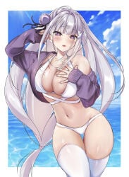 1girls 2d_(artwork) artist_request bare_shoulders beach belly big_breasts bikini blush cleavage crossed_legs elf elf_ears elf_female emilia_(re:zero) female female_only hairpin half_naked hand_on_breast highres jacket large_breasts legs_together light-skinned_female light_skin long_hair looking_at_viewer navel open_jacket purple_clothing purple_eyes re:zero_kara_hajimeru_isekai_seikatsu silver_hair skin_gloss sky solo swimsuit tagme thick_thighs thigh_gap thighhighs thighs very_long_hair water white_bikini white_clothing white_hair wide_hips