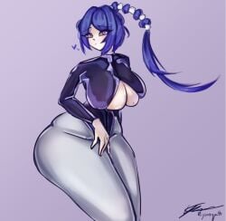 big_breasts blue_eyes braided_hair braided_ponytail breast_window breasts_bigger_than_head busty busty_female curves curvy curvy_female hearts leggings long_hair promeia_(zenless_zone_zero) thick_thighs thighs_bigger_than_head wide_hips zenless_zone_zero