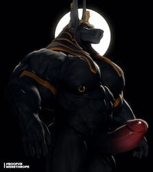 abs anthro anubian_jackal anubis balls biceps big_balls big_penis black_body black_fur canid canine canis deity ear_piercing ear_ring egyptian_mythology erection fur genitals headdress humanoid_genitalia humanoid_penis jackal male male_only mammal middle_eastern_mythology muscular muscular_anthro muscular_male mythology nipple_piercing nipples nude pecs penis piercing solo tattoo werethrope