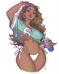 belly belly_button big_breasts bra brown_hair busty busty_female curly_hair curvy curvy_female dark-skinned_female drink grand_theft_auto juicy_lips latina lifting_sunglasses lip_piercing long_hair panties shirt shirt_up sunglasses thick_thighs tomphelippe underboob vice_city_cover_girl wide_hips
