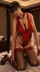 1girls ai_generated asian_female black_hair cleavage eve_(stellar_blade) glasses high_heels kneeling_on_bed long_hair ponytail serif40 stellar_blade thighhighs video_game_character video_games