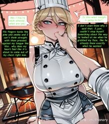1boy 1female 1girl 1girls 2026 absurdres aesthetic ai_generated anime anime_style apron artist_name bare_shoulders beautiful beautiful_female beautiful_girl big_ass big_breasts bitch blonde_hair blue_eyes blurred_background blush blush_lines blushing blushing_female braid breasts bubble_ass bubble_butt buttons capcom chef chef_hat comic comic_page comic_panel comic_strip cooking cover_page curvy curvy_body curvy_female curvy_figure curvy_hips curvy_thighs cute cute_face cutoffs denim denim_shorts dialogue digital_art digital_painting eleanor_(monster_hunter) english english_dialogue english_text finger_in_another's_mouth finger_sucking fire grill hair_between_eyes hat hetero high_quality highres huge_breasts kitchen large_ass large_breasts line_art long_comic looking_at_viewer manga_style mole monster_hunter monster_hunter_(series) monster_hunter_stories_3:_twisted_reflection multiple_panels nose_blush patreon patreon_link patreon_logo patreon_username phanary pov pov_hands saliva sexy sexy_body sexy_female sexy_pose short_shorts shorts sleeveless slut soft_shading solo_focus speech_bubble steam stove sunset sweat text text_box text_bubble text_focus thick thighs web_address