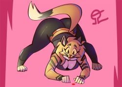 adorable alvh_omega anthro black_eyes cat_ears cat_girl cat_tail clothed clothing color crouching_female cute distracted feline feline_humanoid female_only furry_female hi_res huge_ass huge_breasts laser_pointer leaning_forward long_tail orange_fur original_character silly simple_background striped_body stripes thick_thighs voluptuous wide_hips yellow_fur