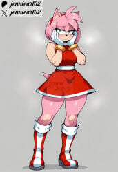1girl ai_generated amy_rose animal_ears animal_nose anthro artist_name bare_shoulders blush boots bracelet breasts character_name closed_mouth clothing dress eulipotyphlan female footwear full_body furry furry_female gloves green_eyes grey_background hairband hands_on_own_cheeks hands_on_own_face headwear hedgehog hedgehog_ears hedgehog_tail jennieart02 jewelry knee_boots looking_at_viewer medium_breasts patreon patreon_logo patreon_username pink_fur pink_hair red_dress red_footwear red_hairband short_hair simple_background sleeveless sleeveless_dress solo sonic_the_hedgehog_(series) standing sweat tail thick_thighs thighs twitter twitter_username watermark white_gloves wide_hips