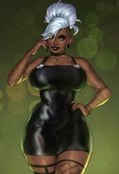 1female 1girls akira_(akira_raikou) akira_raikou big_breasts dark-skinned_female dress female_only fishnets goth solo thin_waist tied_hair white_hair wide_hips
