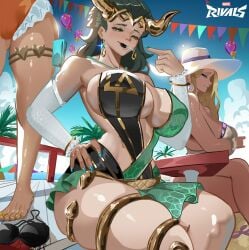 2026 3girls big_breasts black_hair blonde_hair blue_eyes canon_genderswap emma_frost emma_frost_(marvel_rivals) emma_frost_(white_wave_queen) female female_only green_eyes lady_loki loki_(marvel) marvel marvel_rivals pale-skinned_female pale_skin rogun rule_63 tagme thick_thighs white_fox_(marvel)