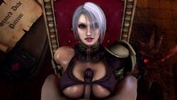 3d animated armor big_penis blue_eyes breasts chair clothed_sex clothes confused confusion dark-skinned_male dark_skin earrings eyeshadow female interracial isabella_valentine lipstick makeup namco outercourse paizuri penis pov precum precum_string purple_clothing sitting_on_chair soul_calibur sound stoneddude tied_up video voice_acted white_eyebrows white_hair