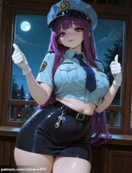 1girl ai_generated alternate_costume arlequin097 belt black_belt black_skirt blue_necktie blue_shirt blunt_bangs breast_pocket breasts closed_mouth collared_shirt cowboy_shot crop_top cropped_shirt cuffs female_service_cap fern_(sousou_no_frieren) frieren_beyond_journey's_end full_moon gloves handcuffs hat indoors large_breasts lips long_hair looking_at_viewer midriff miniskirt moon navel necktie night night_sky patreon_username pencil_skirt pocket police police_hat police_uniform policewoman purple_eyes purple_hair shirt short_sleeves skirt sky smile solo stomach sweat thick_thighs thighs thumbs_up uniform white_gloves