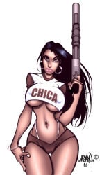 1girls 2006 big_breasts black_hair breasts dark-skinned_female dark_skin earrings female female_only gun latina navel_piercing nipple_bulge original original_character solo tagme_(artist) thong underboob