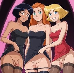 3futas ai_generated alex_(totally_spies) black_hair blonde_hair boobly bottomless clover_(totally_spies) dress dress_lift flaccid futanari green_eyes intersex long_hair orange_hair sam_(totally_spies) short_hair standing totally_spies