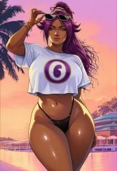 1girls accurate_art_style ai_generated big_ass bleach grand_theft_auto grand_theft_auto_vi huge_ass huge_breasts leo_dawg rockstar_games shihouin_yoruichi solo thick_thighs vice_city_cover_girl wide_hips
