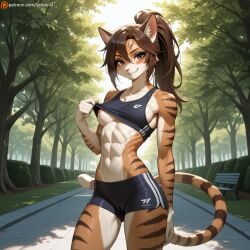 1girl abs ai_generated anthro athletic athletic_anthro athletic_female brown_body brown_eyes brown_fur brown_hair cat_ears cat_girl cat_tail catgirl crop_top exercise feline feline_humanoid flashing flashing_breasts gym_clothes midriff muscular muscular_arms nipples original original_character original_characters outdoors outside park patreon patreon_username sports_bra sportswear tail thin_waist velour_ai