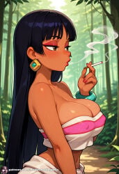 ai_generated big_breasts blowing_smoke chel chel_(the_road_to_el_dorado) chubby cigarette cigarette_in_hand cigarette_smoke exhaling_smoke jungle large_breasts nature nature_background seductive seductive_look seductive_mouth sexy smoke_from_mouth smoking smoking_cigarette smoking_fetish solo_female