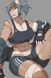 1girls bandage big_breasts big_thighs booty_shorts breasts dark-skinned_female dark_skin fangs fingerless_gloves furry grey_background grey_hair gym_uniform kei_(notglacier) muscular muscular_female notglacier open_mouth original original_character ponytail red_eyes short_hair smile smiling solo sports_bra thighs