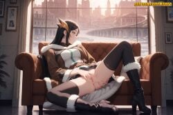 1girl ai_generated black_hair black_skirt boots brown_eyes brown_footwear brown_jacket brown_shirt brown_skirt city city_background closed_mouth couch curtains day depth_of_field earrings fur-trimmed_boots fur-trimmed_jacket fur-trimmed_sleeves fur_trim high_heels high_ponytail jacket jewelry knee_boots knee_up long_hair long_sleeves looking_at_viewer looking_to_the_side lying on_back on_couch open_clothes open_jacket open_skirt outdoors park_heejin photo_(object) plant potted_plant pussy pussy_juice shirt shoes skirt skirt_removed solo solo_leveling spread_legs spread_pussy thighhighs thighs white_shirt window window_view yellow_eyes