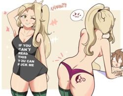 ass ass_tattoo blonde_hair clothes_writing color karbuitt kid_icarus light-skinned_female nintendo pit_(kid_icarus) purple_underwear tattoo tattoo_on_butt thick_thighs thighhighs thong viridi wink writing