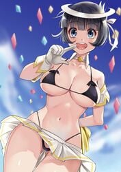 1girls azazel_(helltaker) bikini black_hair halo helltaker large_breasts nico-mo short_hair smile solo