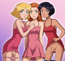 3futas ai_generated alex_(totally_spies) black_hair blonde_hair boobly bottomless clover_(totally_spies) dress dress_lift flaccid futanari green_eyes intersex long_hair orange_hair sam_(totally_spies) short_hair standing totally_spies