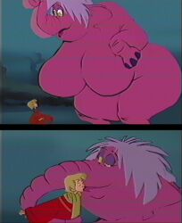 1boy1girl anthro arthur_pendragon bbw disney disney_villains elephant giantess larger_female madam_mim pink_hair size_difference smaller_male the_sword_in_the_stone vhs_filter