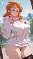 1girl 1girls absurd_res absurdres ai_generated ass big_ass big_breasts black_thighhighs blue_sky blurred_background blurry blurry_background bottomless breasts cartoon cartoony cellphone cleft_of_venus closed_eyes closed_mouth cloud cowboy_shot curvy day depth_of_field female female_focus hand_on_own_chest hi_res high_quality high_resolution highres holding holding_phone hood hood_down hoodie large_ass large_breasts long_hair long_sleeves nami nami_(one_piece) no_panties odexai one_piece orange_hair outdoors phone pussy selfie skindentation sky small_waist smartphone solo solo_focus standing straight sweater taking_picture thick_thighs thighhighs thighs thin_waist tree white_hoodie white_sweater wide_hips