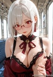 1boy 1girl ai_generated ashe_(overwatch) bangs bare_shoulders blush breast_grab breasts cleavage dress earrings glasses grabbing guided_breast_grab guiding_hand hetero jewelry kermixx large_breasts lips looking_at_viewer mole mole_under_mouth overwatch overwatch_2 pov red_dress red_eyes shiny shiny_skin short_hair smile solo_focus train_interior white_hair